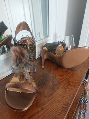 Hale Bob "Shaina" Feather & Metallic Heeled Sandals - Size 8